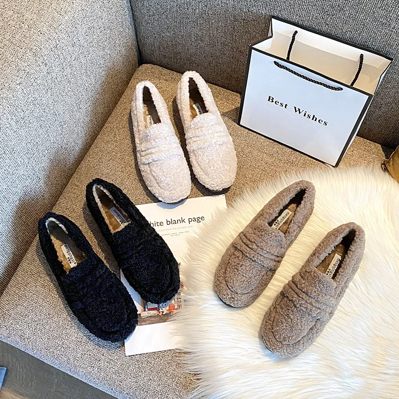 Hot Women Thicken Soled Shearling Loafers One Band Lambswool Moccasins Femme Plus Size 34-43 Fur Flats Woman Winter Plush Shoes