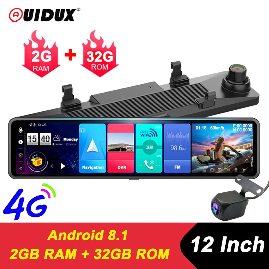 

QUIDUX NEW ADAS 4G 12" IPS Car DVR Camera mirror Dash cam Video Recorder FHD 1080P Android 8.1 Rear View Mirror WiFi GPS 2G+32GB