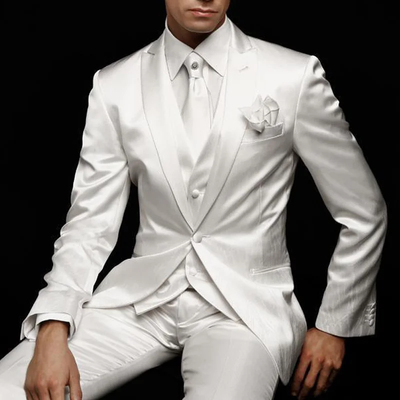 

Белый приталенный мужской костюм для свадьбы смокинги для жениха 3 предмета пользовательский атласный мужской модный комплект куртка с брю...
