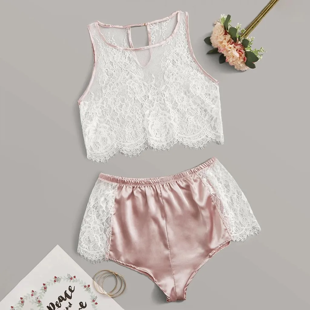 

New Women pajamas set Sexy Satin Pajama Set Lace V-Neck Pyjamas Sleeveless Cute Cami Top and Shorts #3