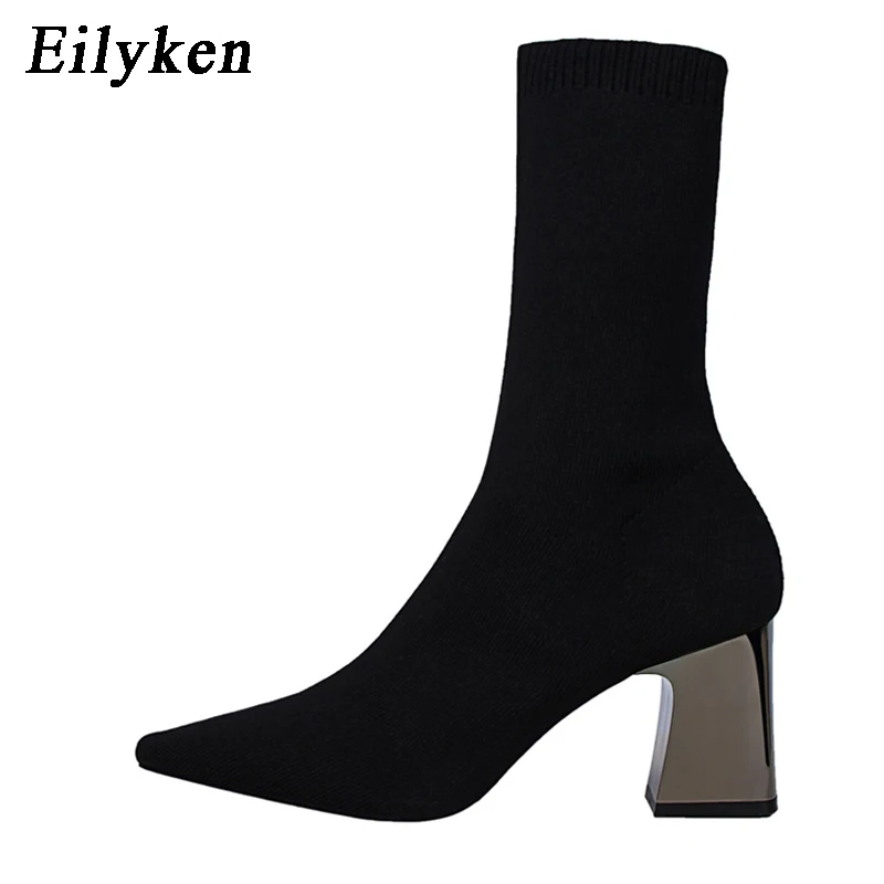Black Eilyken/модные женские сапоги; Высокий каблук; сексуальный носок; вязаные сапоги; зимние сапоги на квадратном каблуке; женские сапоги с острым носком - Цвет: Black