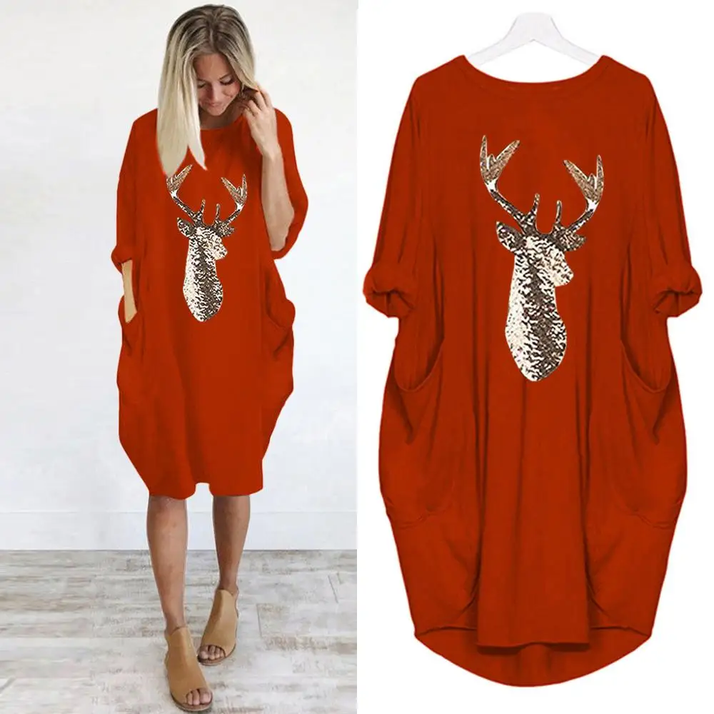 Large Size Women Casual Dresses Fashion O Neck Long Sleeve Chrismess Elk Printed Pocket Autumn Winter Loose T-shirt Dress Female | Женская