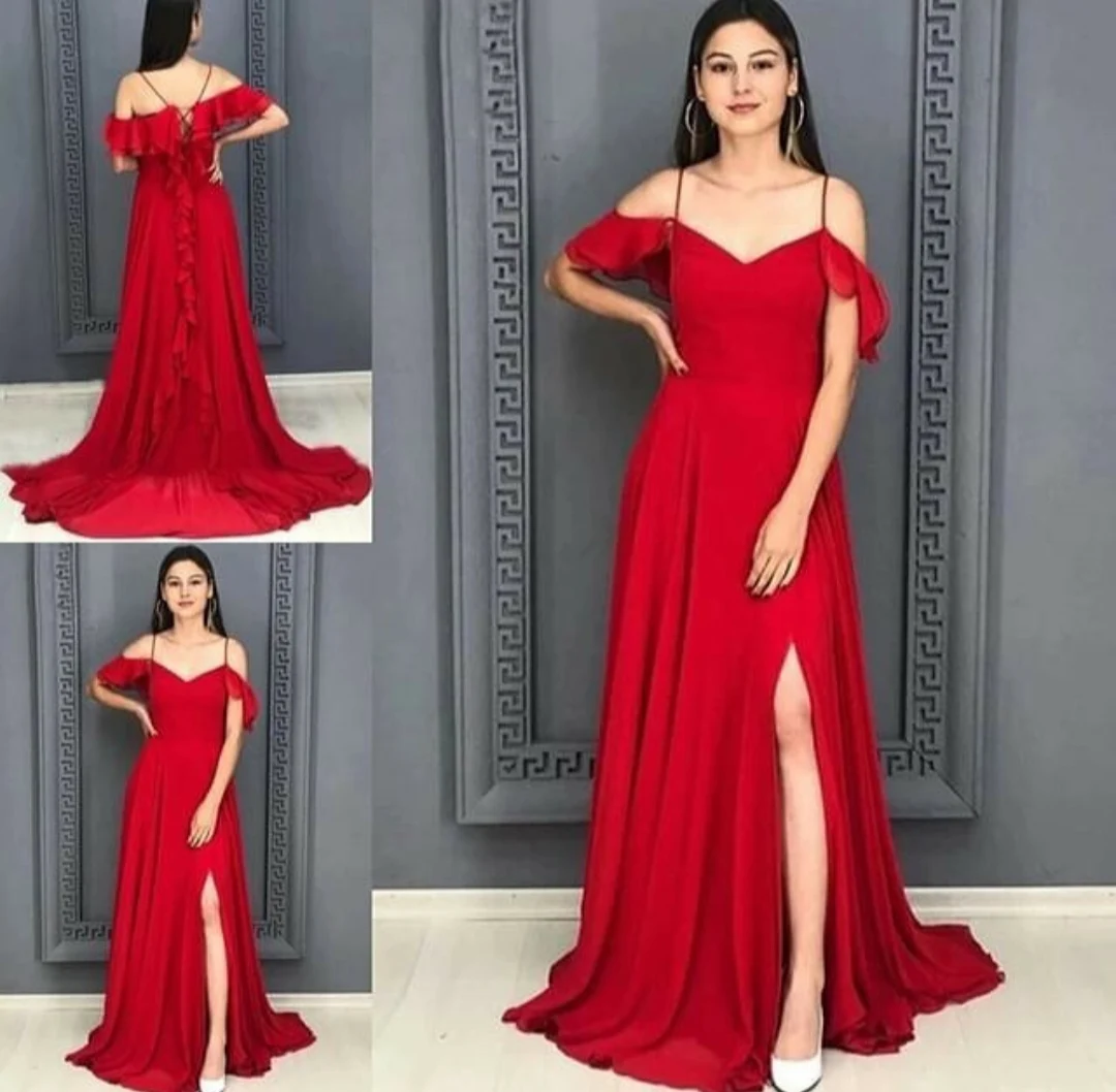 

Elegant V-Neck Long Red Prom Dresses with Pockets Criss Cross Back Slit Robe De Soiree Floor Length Satin Formal Party Gown