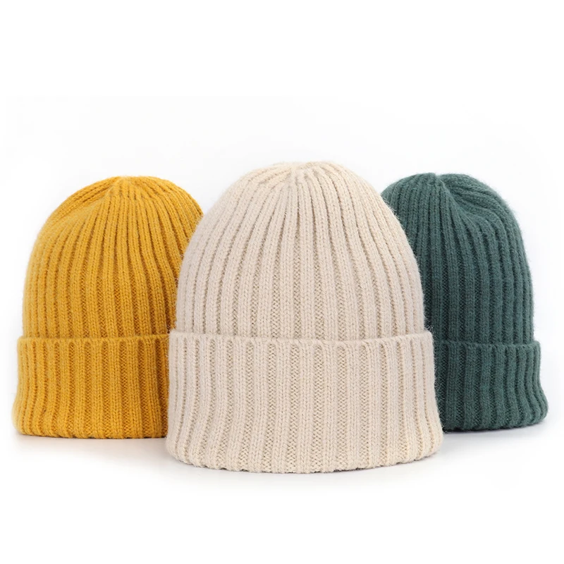 

2021 New Winter Solid Color Wool Knit Beanie Women Fashion Casual Hat Warm Female Soft Thicken Hedging Cap Slouchy Bonnet Ski