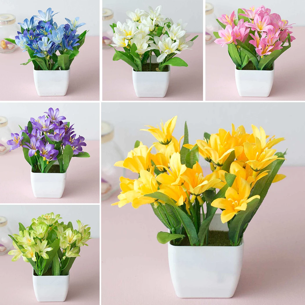 

Artificial Lily Fake Flower Potted Plant Artificial Plants Green Grass Bonsai Home Room Office Cafe Wedding Party Decor Ornament