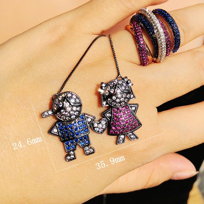 

Colorful Lovely Boy Girl heart Big Pendant Necklace Full Pave high quality Multicolor Cubic zirconia blue women fashion Jewelry