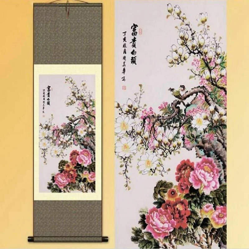 

1pc Home/Office Traditional Silk Art Home Decoration Chinese Silk Scroll Peony Gongbi Painting S145