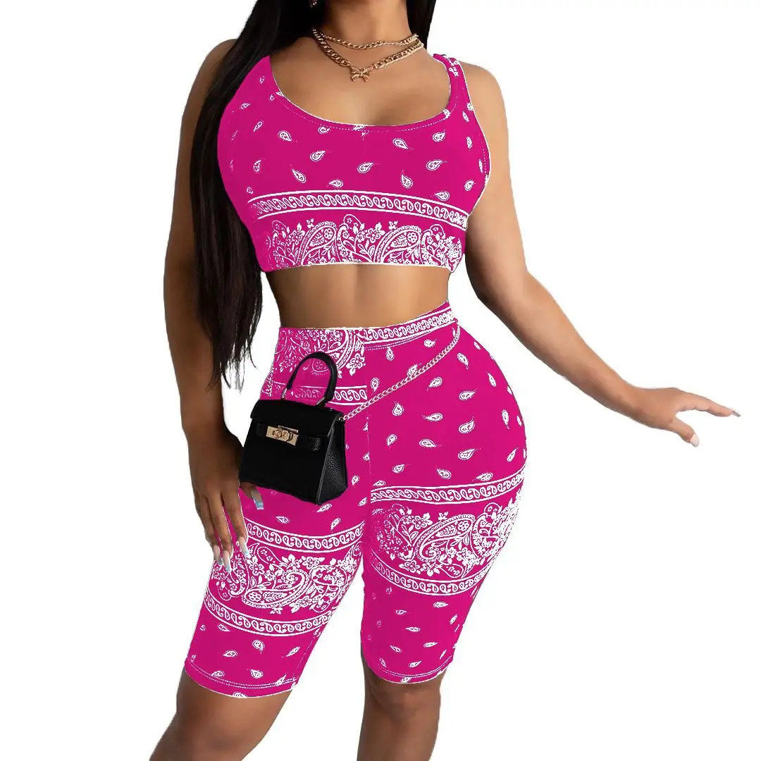 

Summer 2 Piece Short Set Women Bandana Outfits Sexy Tank Crop Top And Biker Shorts Pants Sport Wear Gym Jogging Sets Tracksuit