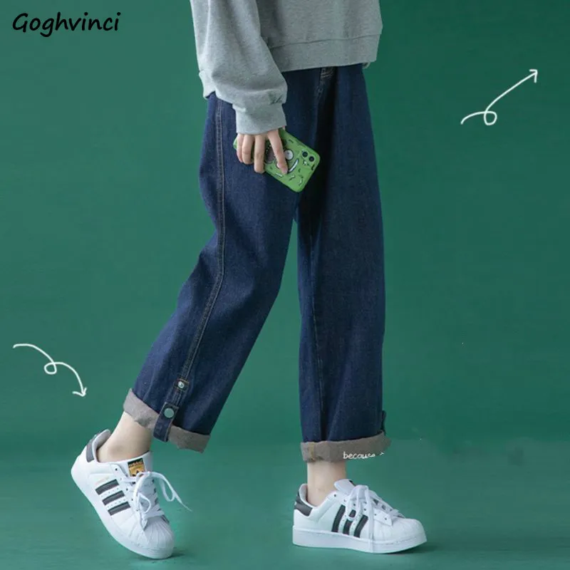 

Jeans Women Blue Denim Button Solid Straight Ankle-length Korean Preppy Style Loose Boyfriend All-match Fashion Leisure Daily