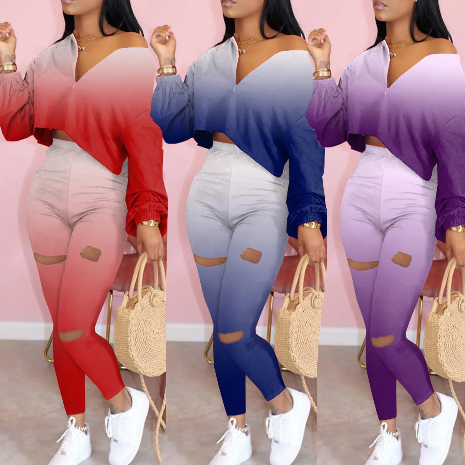 Комплект из 2 предметов спортивный костюм для женщин тай дай сексуальный свитер с