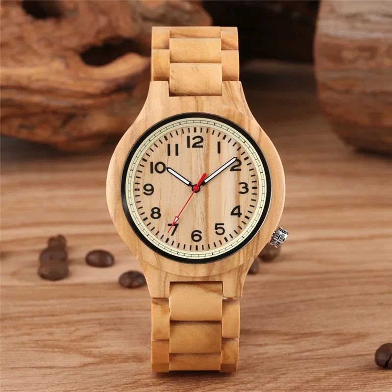 

Retro Wooden Arabic Number Dial Clock Luminous Pointers Men Watch Quartz Analog Timepiece Adjustable Length Wood Bracelet Gift