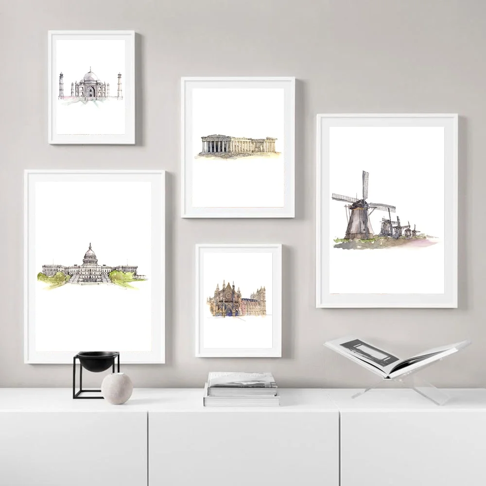 Так Махал, Акрополь Афин, капитал США, Вестминстерское аббатство, ветряные мельницы, абстрактный город, Карта путешествий, плакат Так Махал, Акрополь Афин, капитал США, Вестминстерское аббатство, ветряные мельницы, абстрактный город, Карта путешествий, плакат