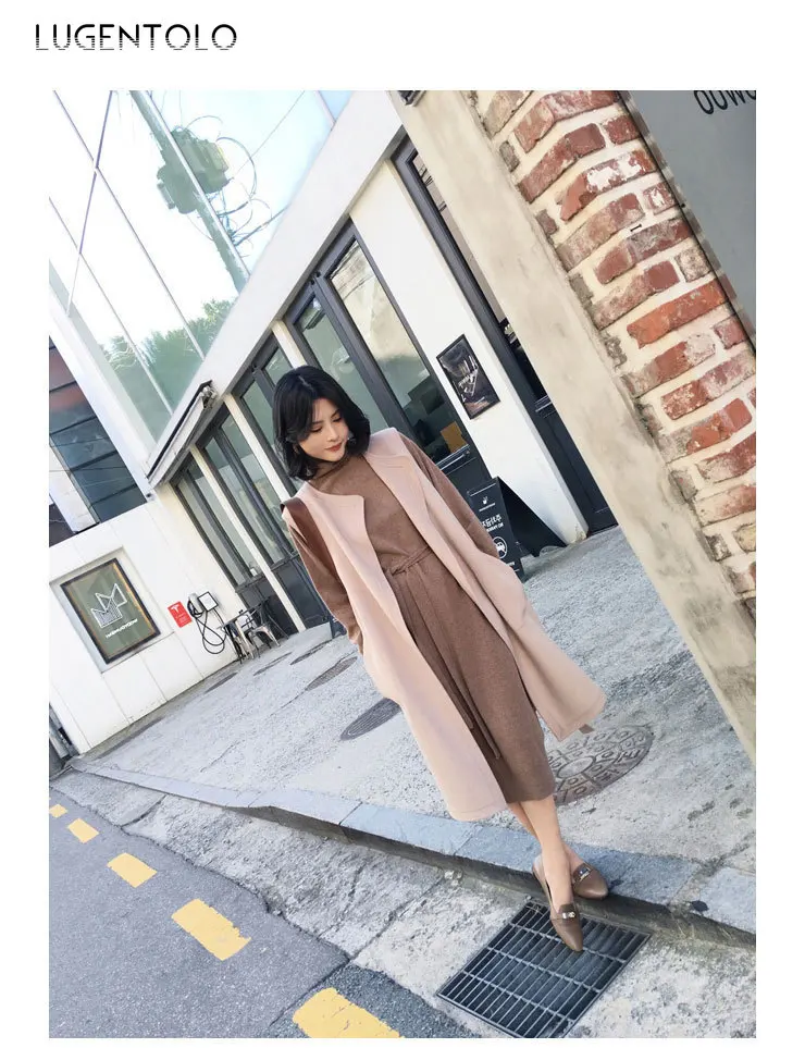 

Lugentolo Women Elegant Dress Autumn Winter Vintage Long Sleeve Solid Loose Slim Fit Turtleneck Lady Knitted Bottoming Dress