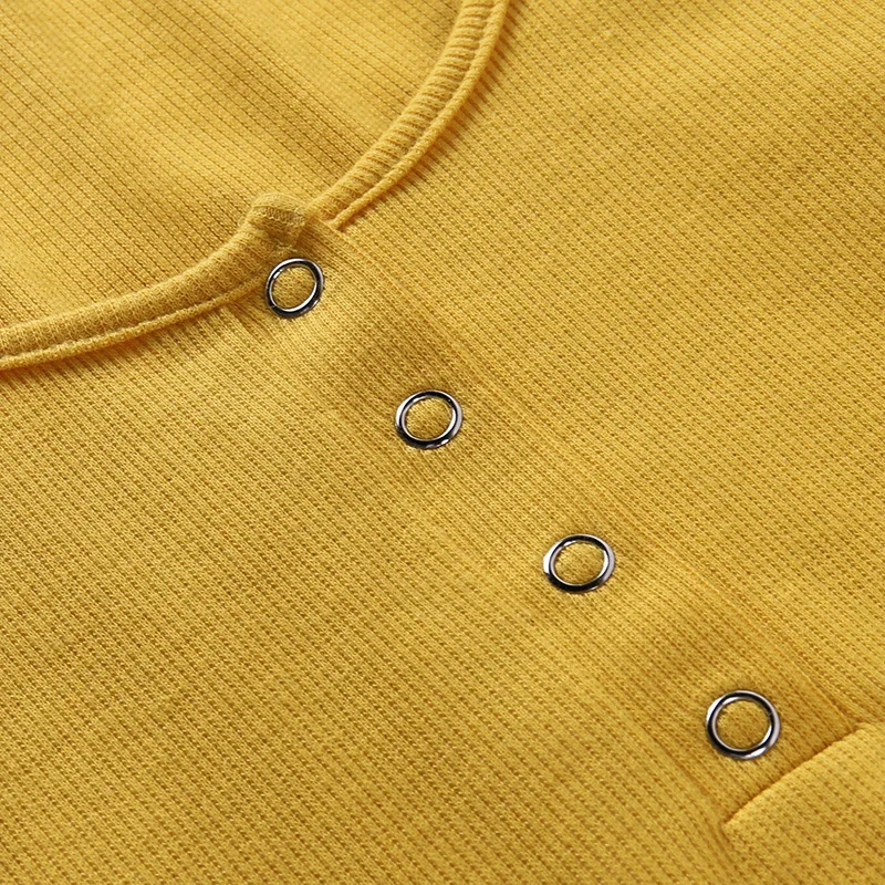 

Yellow Autumn Knitted Short Sweater Women Short Pullover Casual Low Crewneck Long Sleeve Slim Shirt Button Ruffle Hem Tops Sexy