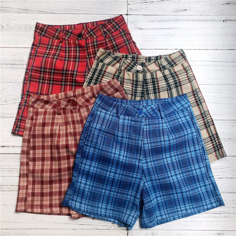 

2021Woman Harajuku Plaid Graphic High Waist Suit Short Black Pink Biker Sports Cycling Wide Leg Pants Summer Streetwear Bottoms