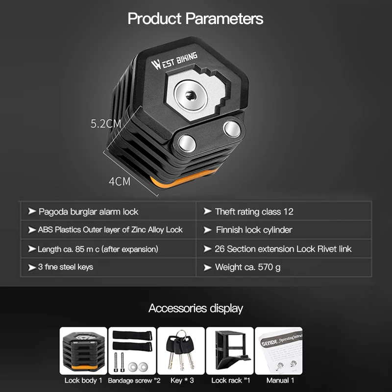 

Foldable Bike Lock MTB Bicycle Anti-theft Lock High Security Scooter Electric Folding E-Bike Chain Lock With Stainless Steel Key