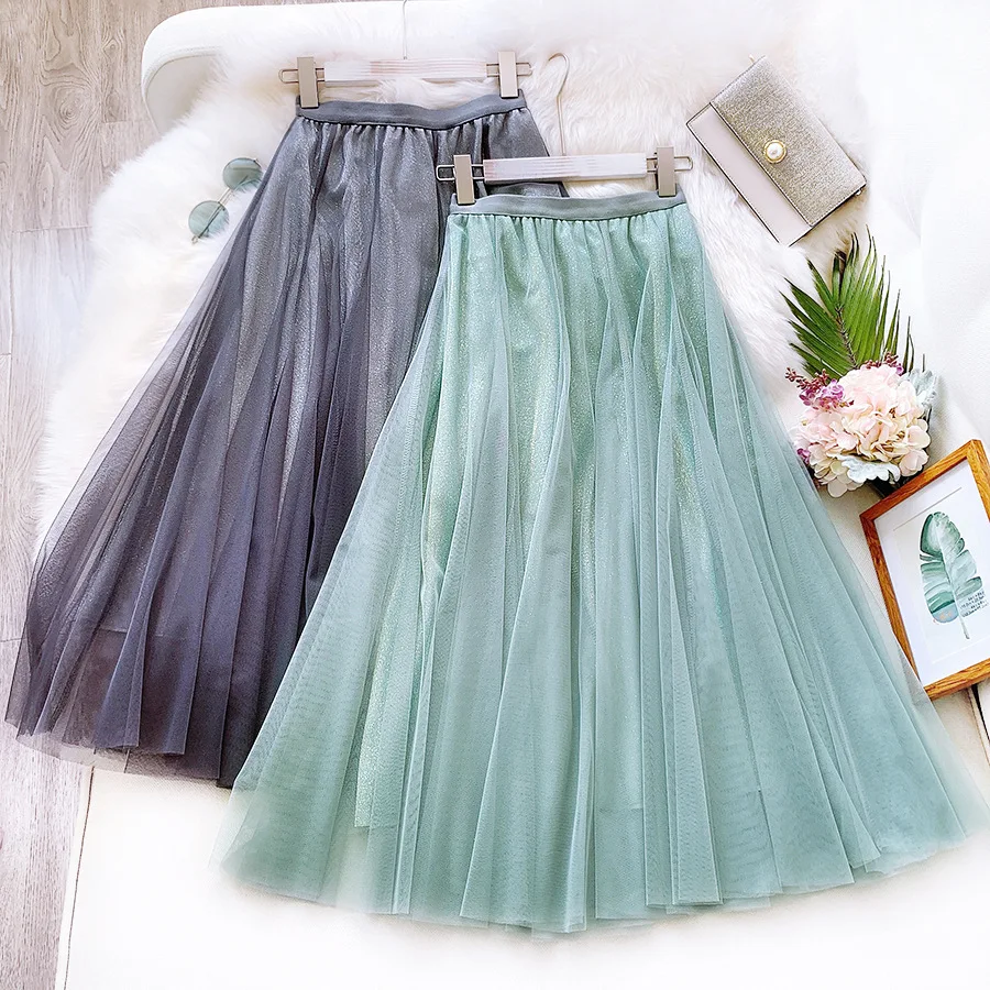 Весна лето 2020 женские юбки Корейская длинная фатиновая юбка с блестками