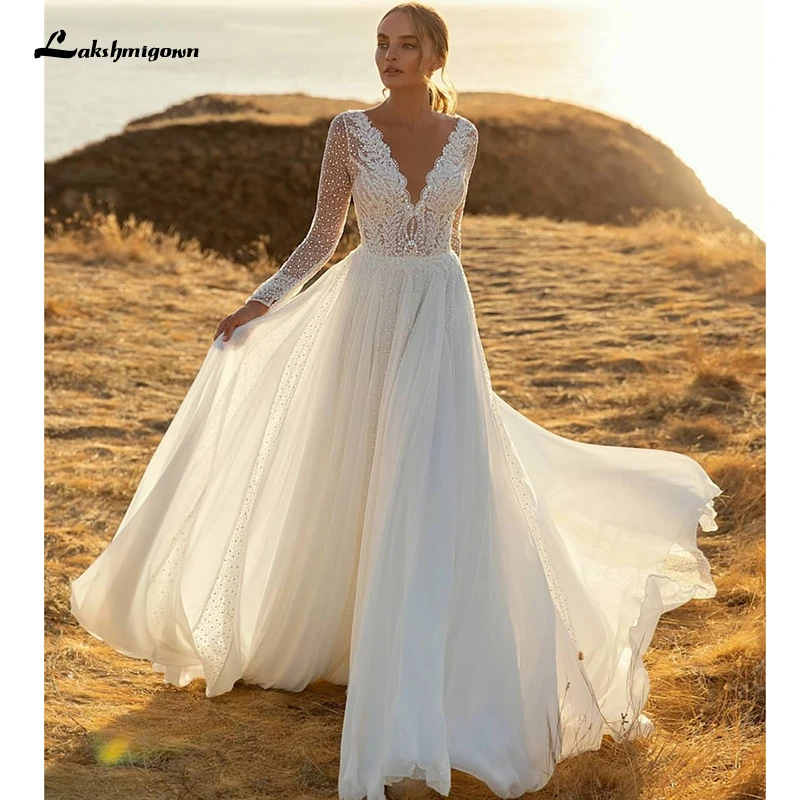 

Lakshmigown Bohemian Wedding Dress 2021 Vintage Long Sleeve Chiffon Pleat Women Bridal Gowns Deep V-Neck Cheap