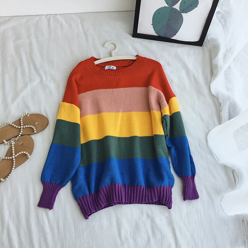 Свитер женский в радужную полоску винтажный джемпер стиле Харадзюку трикотажный