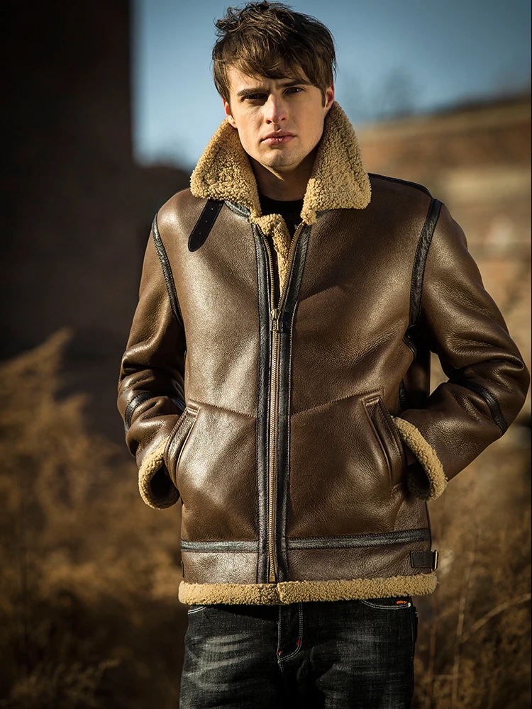 Мужская куртка-бомбер из натуральной овечьей кожи в стиле милитари | одежда
