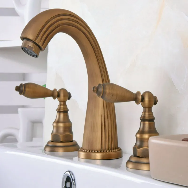 

Vintage Retro Antique Brass Deck Mounted Dual Handles Widespread Bathroom 3 Holes Basin Faucet Mixer Water Taps aan069