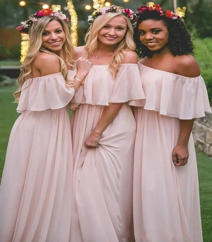 

Chiffon Long Mumu Bridesmaid Dresses Elegant Pink Off The Shoulder Beach Bohemian Maid of Honor Wedding Party Plus Size Bridesm