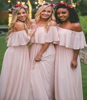 chiffon long mumu bridesmaid dresses elegant pink off the shoulder beach bohemian maid of honor wedding party plus size bridesm