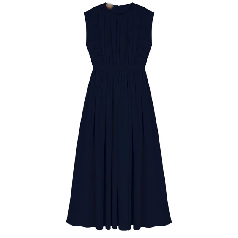 

Korejpaa Women Dress 2021 Summer Korea Chic Elegant Solid O Neck Crease Design High Waisted Sleeveless Long Vestido De Mujer