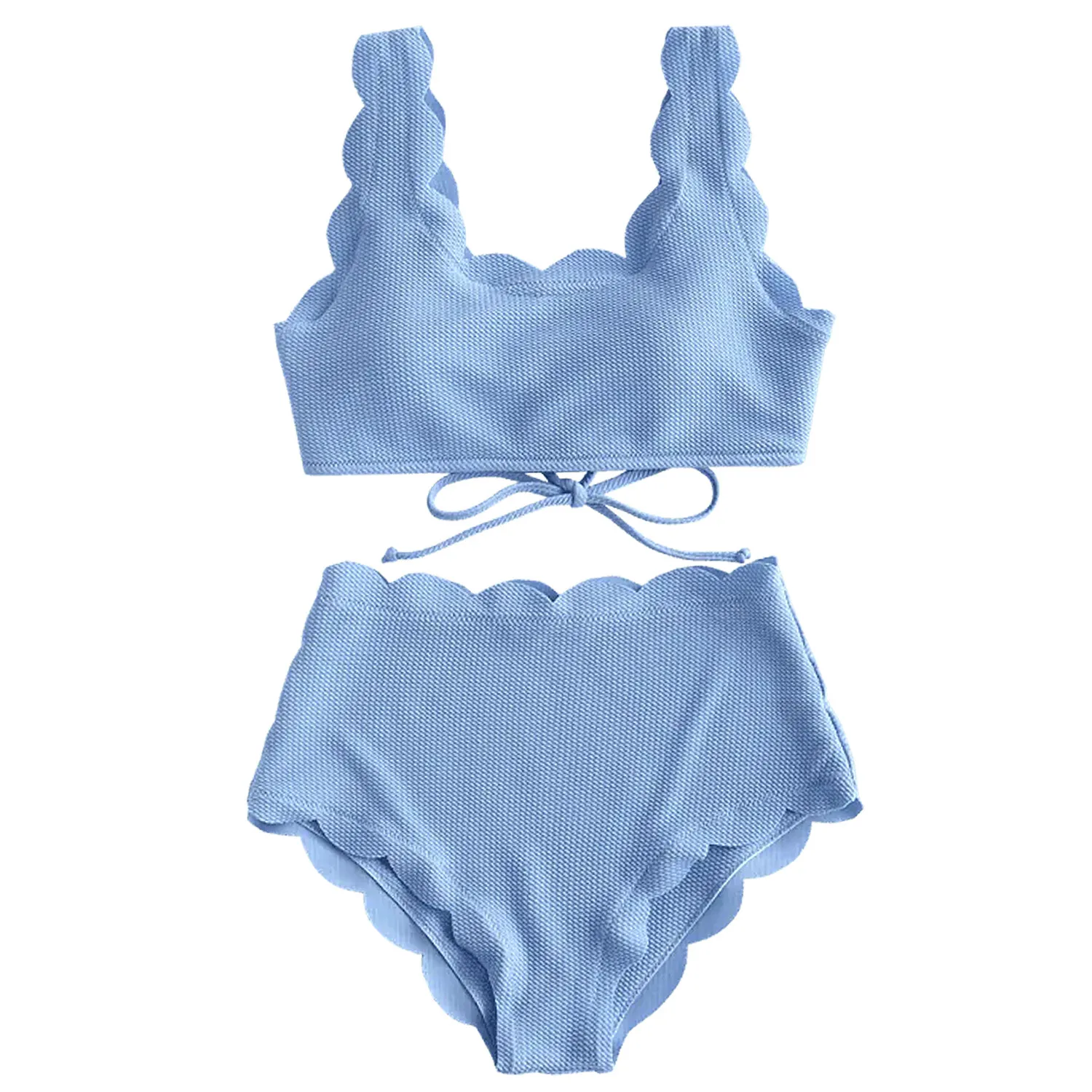 

Женский текстурированный комплект бикини с зубчатыми лямками и высокой талией, однотонные пляжные купальные костюмы с пуш-ап, кружевные би...