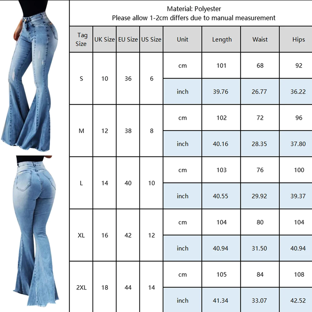 

Fashion Women's Retro Calca Jeans Casual Slim Wide Leg Trousers Stretchy Denim Waist Jeans Plus Size Long Flare Pants Female D30
