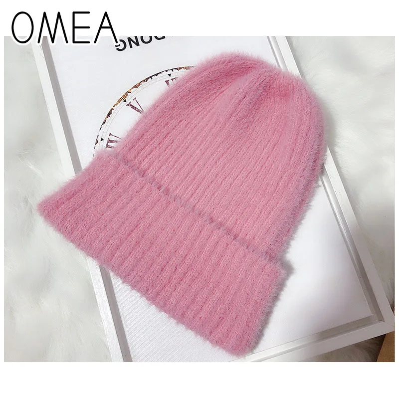 Однотонная Вязаная Шапка бини OMEA для женщин зимние шапочки из кроличьего меха