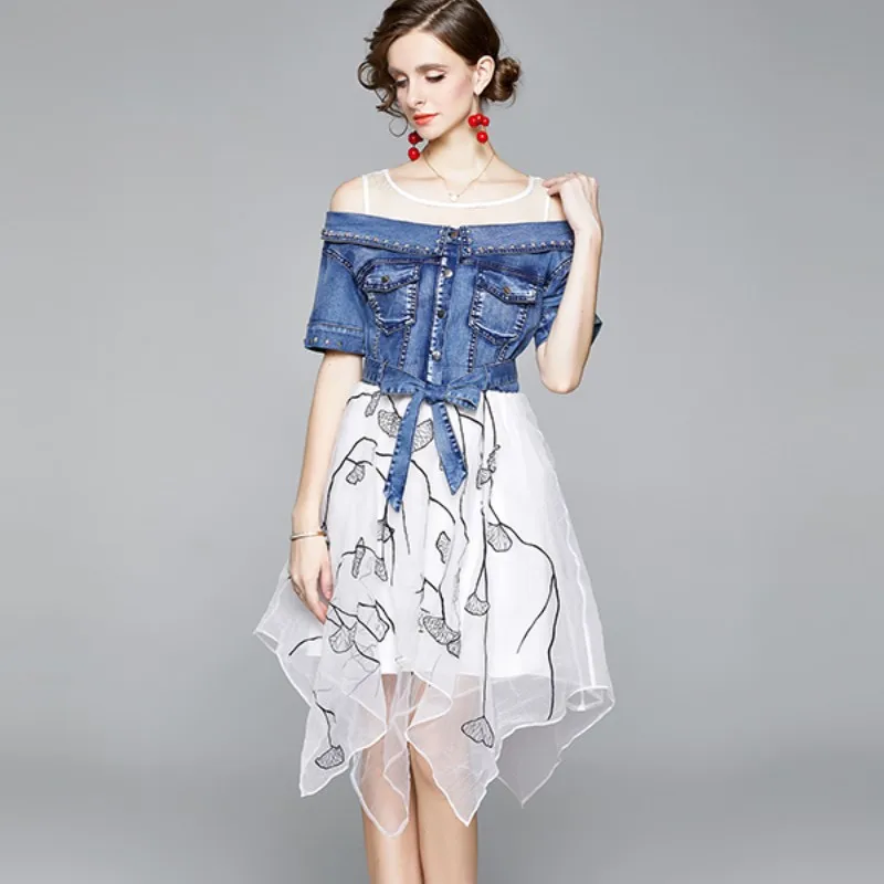 

High Quality 2021 Summer Women Sexy Off Shoulder Denim patchwork Organza Retro Fashion Asymmetrical Dresses Vestidos