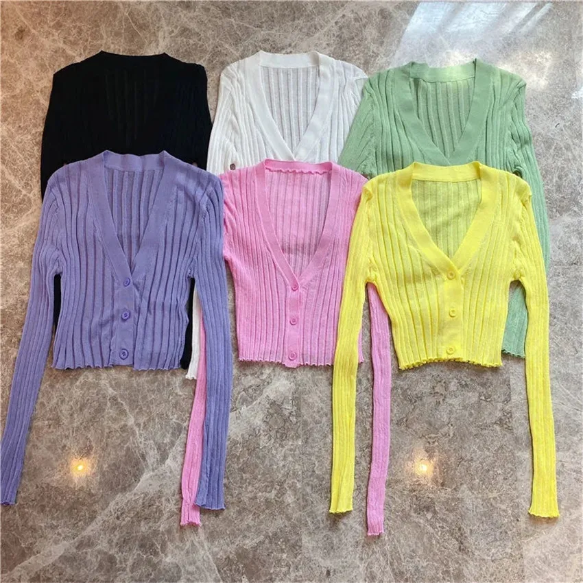 

Sexy V-neck Solid Cropped Cardigan Women Korean Autumn Long Sleeve Thin Ice Silk Knitted Sweaters Air Conditioner Sunscreen