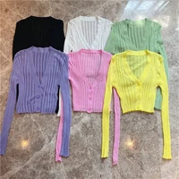 sexy v neck solid cropped cardigan women korean autumn long sleeve thin ice silk knitted sweaters air conditioner sunscreen