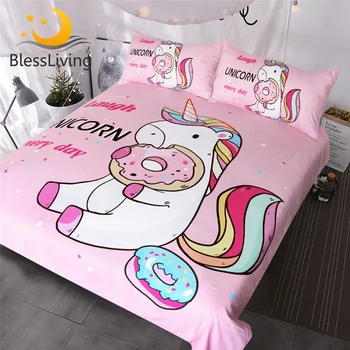 BlessLiving Cute Unicorn Kids Bedding Set Rainbow Hair Duvet Cover Colorful Pink Blue Girly Bedspreads Donuts Cartoon Bed Set 1