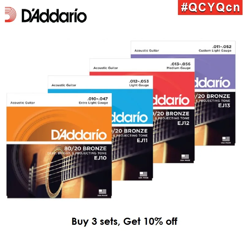 

D'addario 80/20 бронзовые для акустической гитары струны, сделанные в США, EJ10 EJ11 EJ12 EJ13