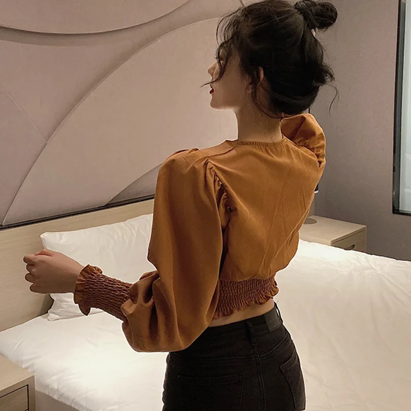 

Women Tops V-neck Chiffon Shirt Puff Sleeve Women Clothes Sexy Slim Exposed Navel Long Sleeve Shirt Blouses Tops