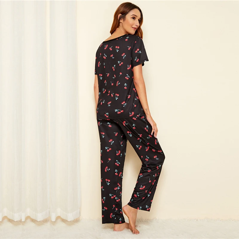Dotfashion Casual Cherry Print Pajama Set Women Summer Black Short Sleeve Top And Long Pants Ladies Sweet Loungewear