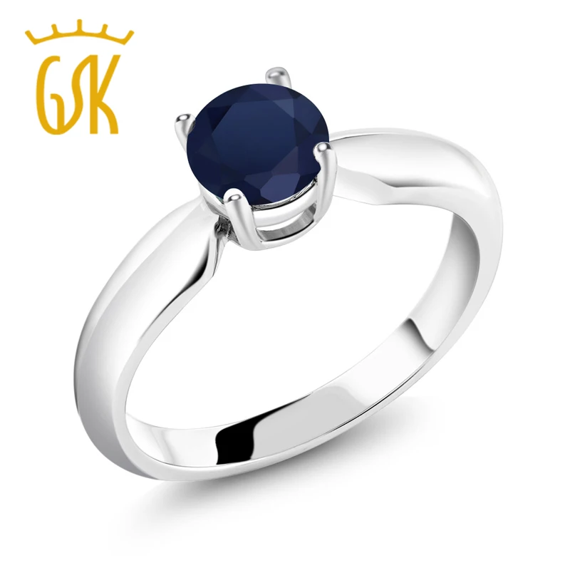 GemStoneKing 1,00 карат круглый натуральный синий сапфир 925 пробы серебро Пасьянс Обручальное кольцо для женщин