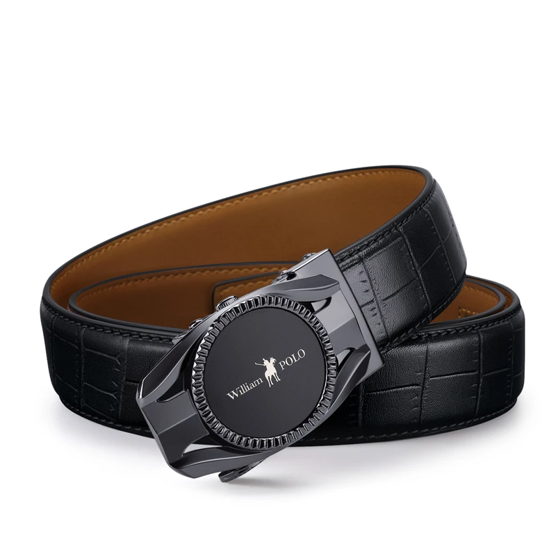 Мужской ремень из натуральной кожи WILLIAMPOLO черный с автоматической пряжкой