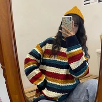 qweek korean fashion rainbow striped women cardigan sweater winter oversize kawaii vintage long sleeve jumper female harajuku