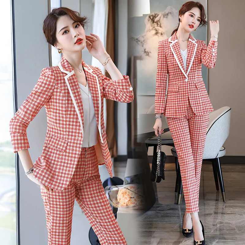Женский облегающий клетчатый костюм с брюками Осень-зима 2020 деловая одежда в
