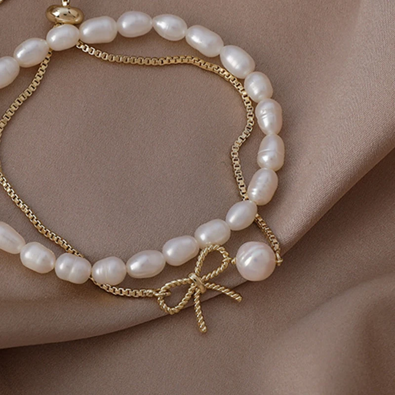 

Bowknot Lady Bracelets Double Copper Alloy Chain And Natural Pearl Beaded Bracelet Romantic Sweet Jewelry Girls Birthday Gifts