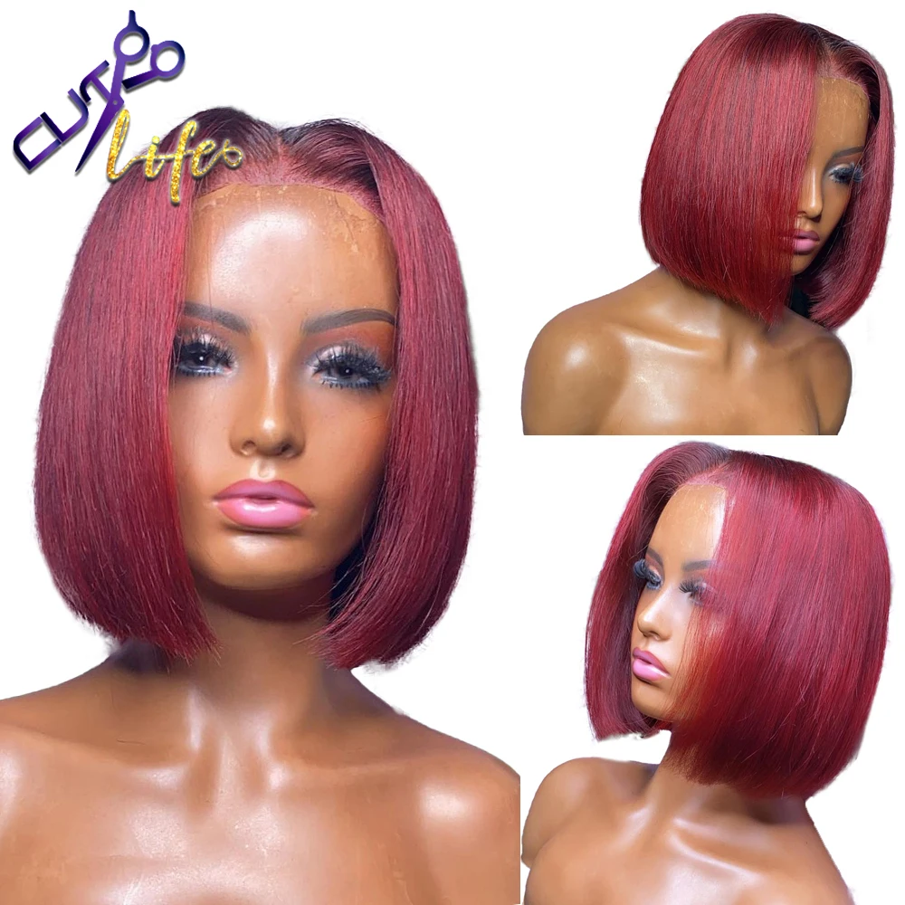

Straight Short Bob Wigs Burgundy Human Hair Wigs 13X4 Lace Front Wigs Pre Plucked 4X4 Lace Closure Wig For Black Women Remy Wigs