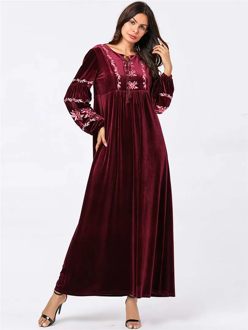 Арабское золото бархат вышитые абайя Зима красное вино зеленый мусульманское