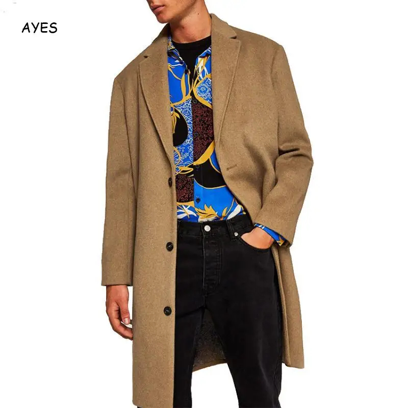 

2020 Men Wool Blend Men Coat Long Style Khaki Fashion Woolen Long Coat Male Basic Wool Overcoat Loose Fleece Wool Jacket Men