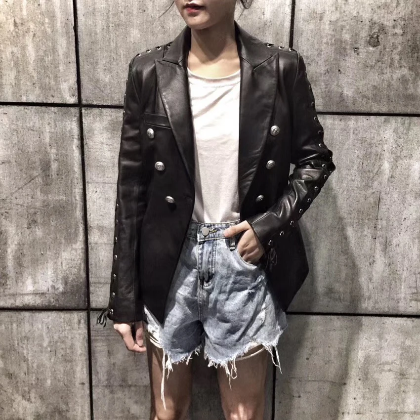Sheepskin coat real genuine jacket with buttons 2020 autumn fashion overcoat leather business suit women