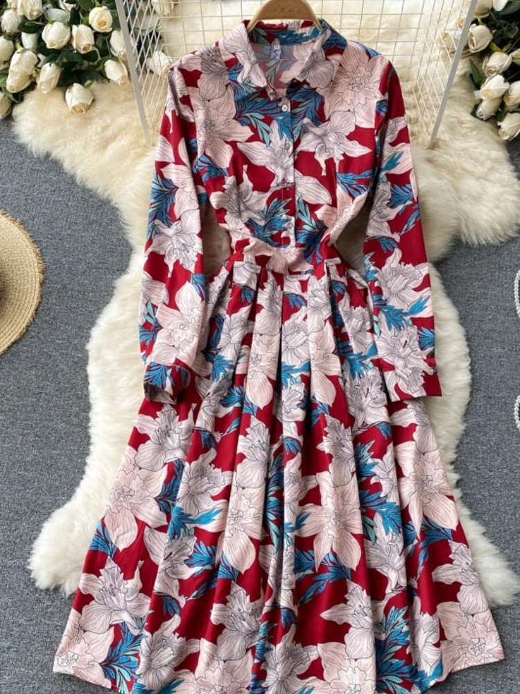 

FTLZZ New Summer A Line Chiffon Pullover Mid-calf Women Medium Dresses Casual Floral Print Polo Collar Short Lady Dress