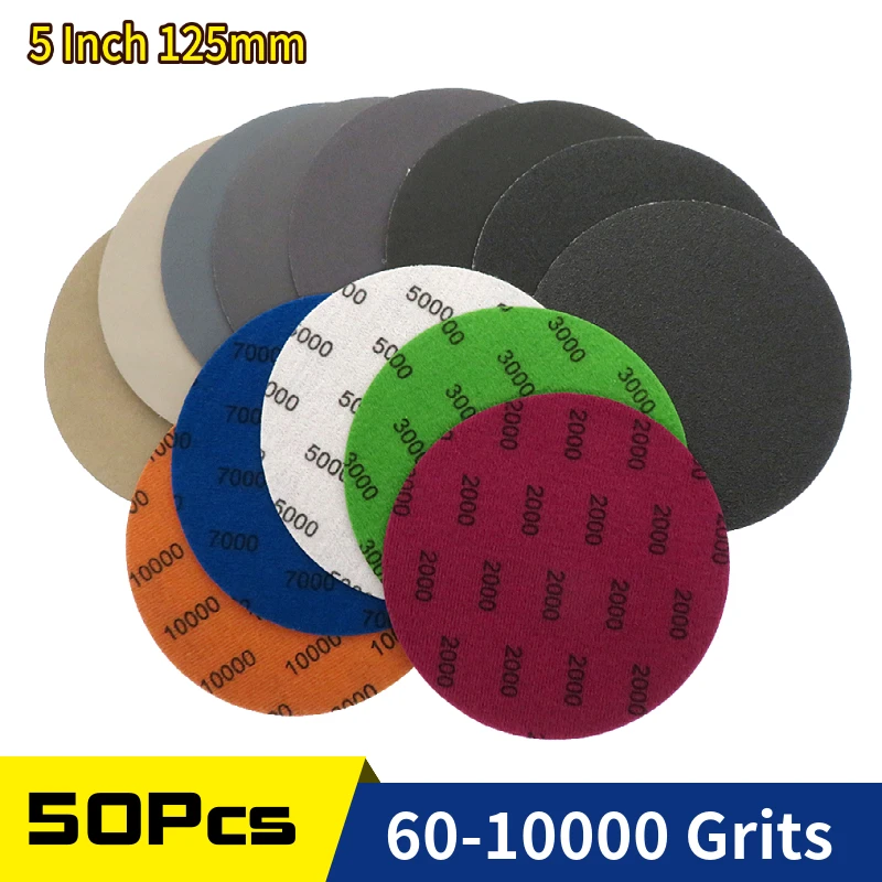 50Pcs 5 Inch 125mm Waterproof Sanding Discs Hook & Loop Silicon Carbide Sandpaper Wet/Dry 60 -10000 Grit for Polishing Grinding