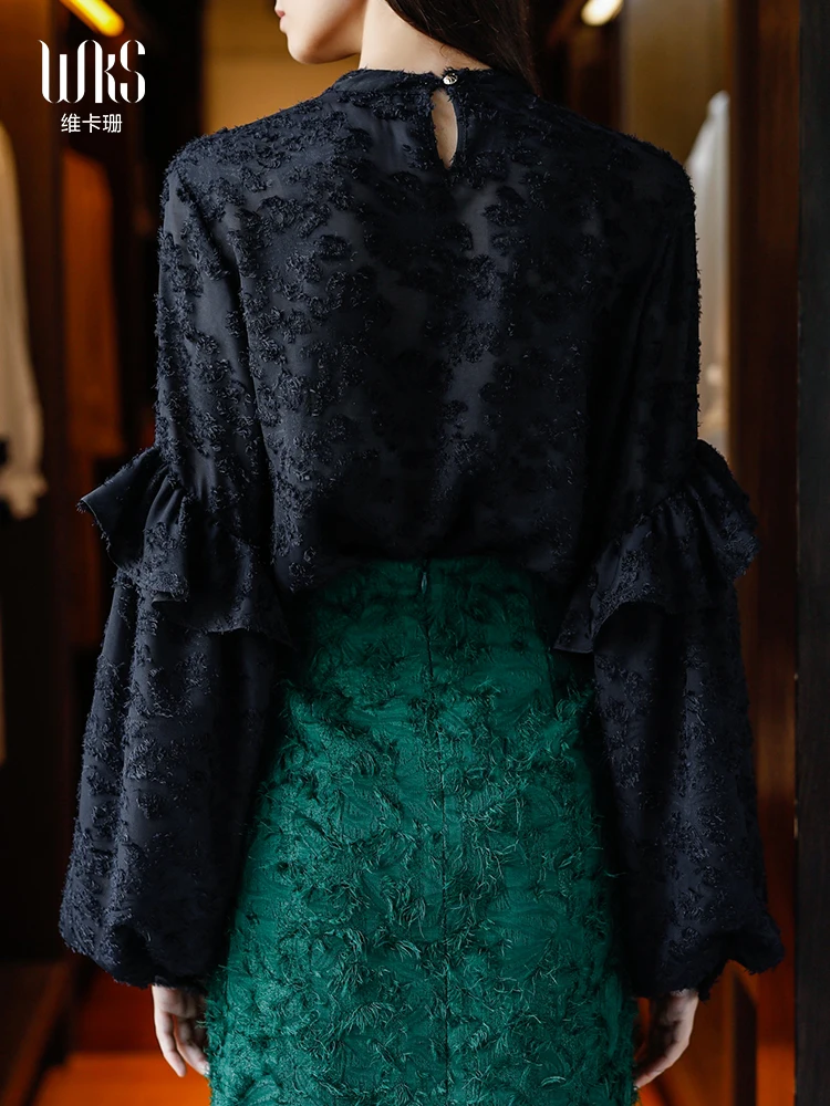 

Vikashan palace style jacquard flocking Lantern Sleeve Shirt women's Long Sleeve Ruffle age reducing design shirt